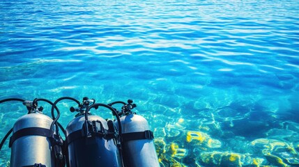 Poster - A serene scuba diving spot with clear blue waters and diving equipment, Diving gear and underwater scenery set up for aquatic exploration, Classic photo of