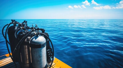 Poster - A serene scuba diving spot with clear blue waters and diving equipment, Diving gear and underwater scenery set up for aquatic exploration, Classic photo of