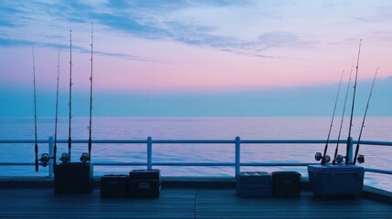 Poster - A serene sea fishing setup on a secluded pier at dawn, Fishing rods and tackle boxes meticulously arranged, Nautical minimalist style