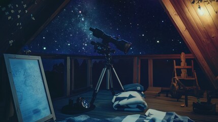 Poster - A serene stargazing deck with telescopes and astronomical charts, Astronomy tools and cozy blankets meticulously arranged, Night sky observatory style