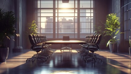 Poster - Sunlit modern conference room with city view. (6)