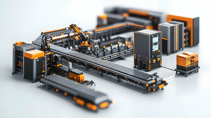 Poster - A modern automated manufacturing system with robotic arms and conveyor belts.