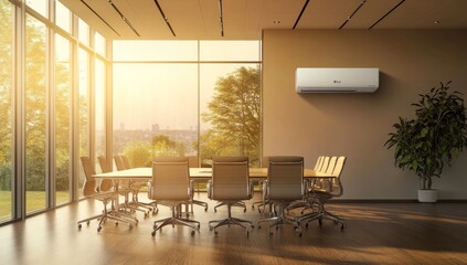 Poster - Modern office conference room with wall-mounted air conditioner, large windows, and city view.