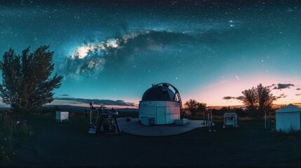 Poster - A serene telescope observatory under a starry sky, Telescopes and astronomy tools meticulously arranged, Astronomical exploration style
