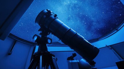 Poster - A serene telescope observatory with telescopes and star charts, Astronomy tools and clear night sky meticulously arranged, Astronomer's paradise style