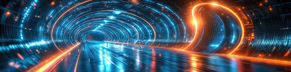 Poster - A futuristic tunnel illuminated with blue and orange lights reflecting on a smooth surface.