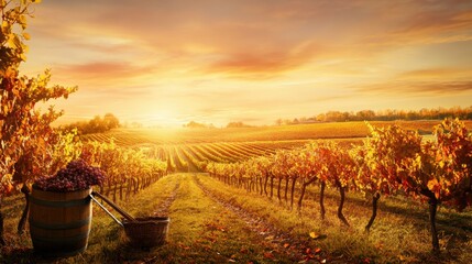 Poster - A serene vineyard at sunset with rows of grapevines stretching into the distance, Pruning shears and baskets ready for harvest, Winemaking tradition style