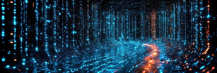 Poster - A futuristic tunnel of glowing particles and light creating a digital landscape.