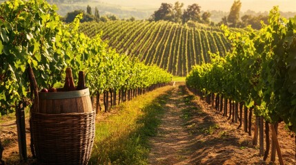 Poster - A serene vineyard with neatly aligned rows of grapevines, Viticulture tools and harvest baskets set up for wine production, Classic photo of