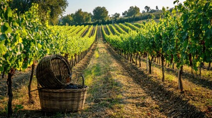 Poster - A serene vineyard with neatly aligned rows of grapevines, Viticulture tools and harvest baskets set up for wine production, Classic photo of