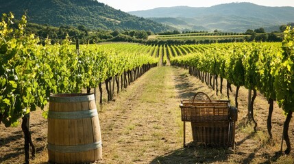 Poster - A serene vineyard with neatly aligned rows of grapevines, Viticulture tools and harvest baskets set up for wine production, Classic photo of