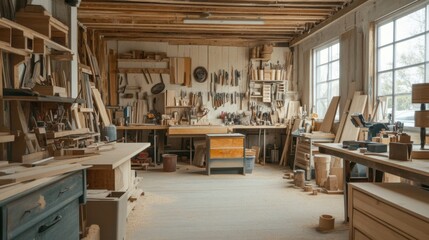 Leinwandbilder - A serene woodworking studio with carpentry tools and sawdust-covered workbenches, Woodworker's tools arranged near stacks of lumber, Woodworking sanctuary style