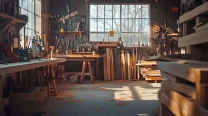 Leinwandbilder - A serene woodworking studio with carpentry tools and sawdust-covered workbenches, Woodworker's tools arranged near stacks of lumber, Woodworking sanctuary style