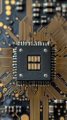 Poster - Close-Up of Microchip on a Circuit Board with Gold Connections