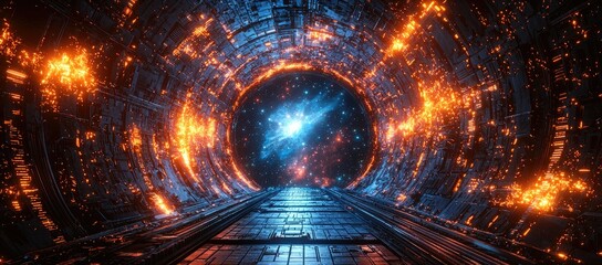 Poster - A futuristic tunnel with glowing elements leading to a cosmic view.