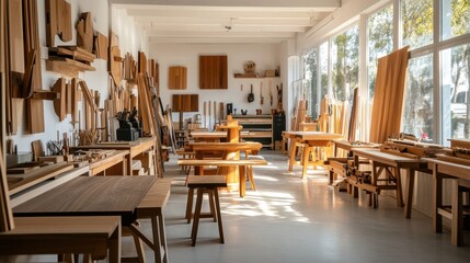 Leinwandbilder - A serene woodworking studio with rows of handcrafted furniture, Woodworking tools displayed with artisan precision, Craftsmanship showcase style