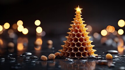 Wall Mural - A Christmas tree made of honeycomb, standing on a black surface with lights. 