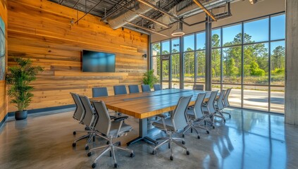 Poster - Modern conference room with wood wall, large windows, and sleek furniture.