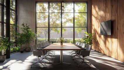 Poster - Sunlit modern conference room with large windows, wooden walls, plants, and a long table.