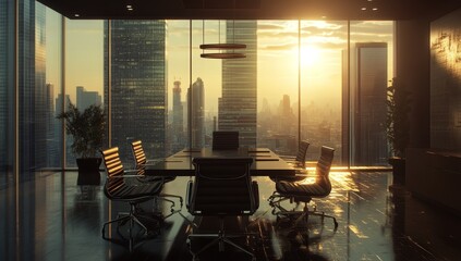 Poster - Modern office with city sunrise view.