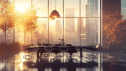 Poster - Sunlit modern office conference room with city view. (3)