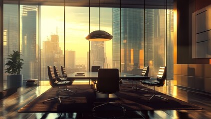 Poster - Sunlit modern office boardroom with city view.