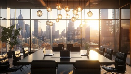 Poster - Modern office conference room with city view at sunrise.