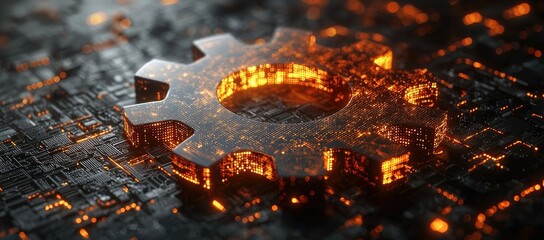 Poster - A glowing gear on a circuit-like surface, symbolizing technology and innovation.