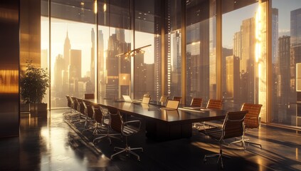 Poster - Sunlit modern boardroom with city view. (6)