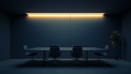 Poster - Dark modern conference room with long table and chairs. (6)