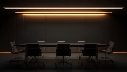 Poster - Dark modern boardroom with long table and chairs. (1)