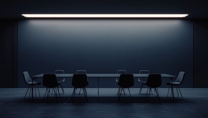 Poster - Dark modern conference room with long table and chairs. (5)