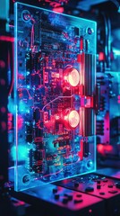 Poster - Abstract Circuit Board with Neon Lights in Technological Environment