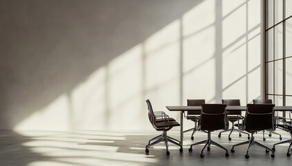 Poster - Sunlit modern conference room with empty table and chairs.