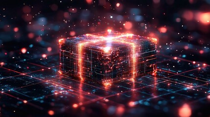 Poster - A glowing, digital gift box surrounded by vibrant particles and a grid-like background.