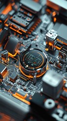 Poster - Close-Up of a Modern Circuit Board with Orange Lighting Effects