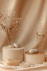 Wall Mural - Minimalist beige stone and dried flower display on podiums.