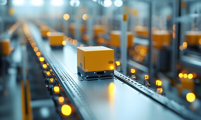 Poster - Automated delivery system with yellow packages moving along a conveyor belt in a warehouse.