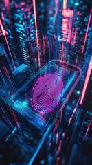 Poster - Digital Cityscape with Neon Fingerprint and Futuristic Elements