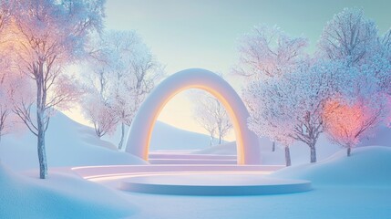 Canvas Print - Winter wonderland scene with arch and podium.