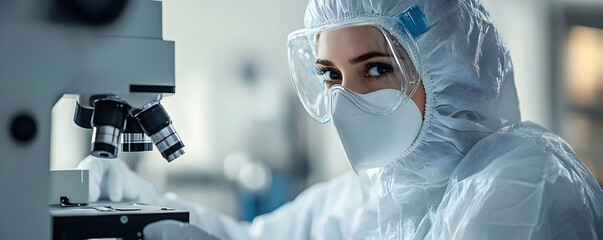 Poster - A scientist in protective gear examines samples under a microscope in a laboratory setting.