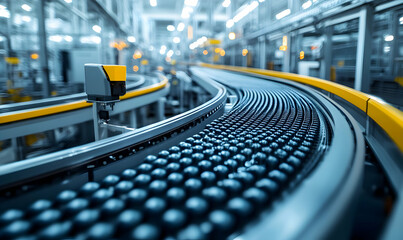 Poster - A close-up view of a conveyor belt in a modern industrial facility.