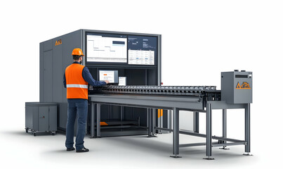 Poster - A worker operates an industrial machine with a conveyor and digital interface.