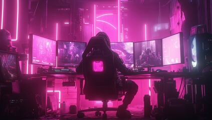 Poster - Gamer in neon-lit room playing video games on multiple monitors.