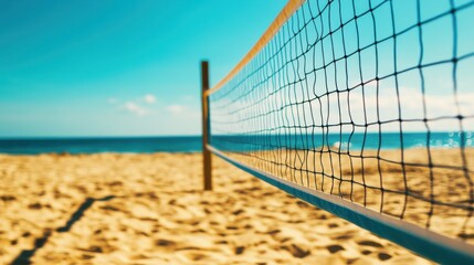 Poster - A spirited game of beach volleyball on golden sands, Volleyball net set up against a scenic ocean backdrop, Coastal sport style