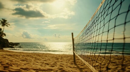 Poster - A spirited game of beach volleyball on golden sands, Volleyball net set up against a scenic ocean backdrop, Coastal sport style