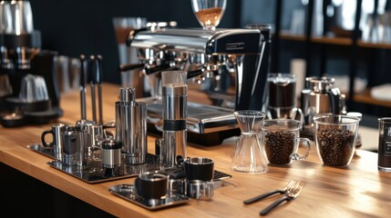 Poster - A stylish coffee brewing lab with barista tools and specialty coffee beans, Coffee brewing tools and espresso machines neatly arranged, Specialty coffee style