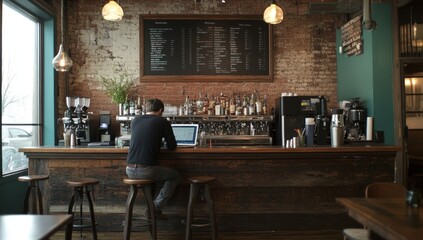 Aufkleber - Man working on laptop at rustic coffee shop bar.