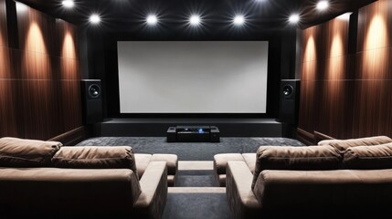 Poster - A stylish home theater with a large screen and sound system, Seating and media equipment arranged meticulously, Modern cinematic style