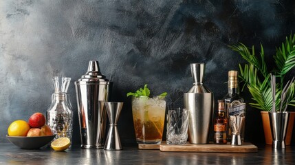 Poster - A stylish mixology bar with cocktail shakers and spirits, Bar tools and ingredients neatly placed, Contemporary cocktail style